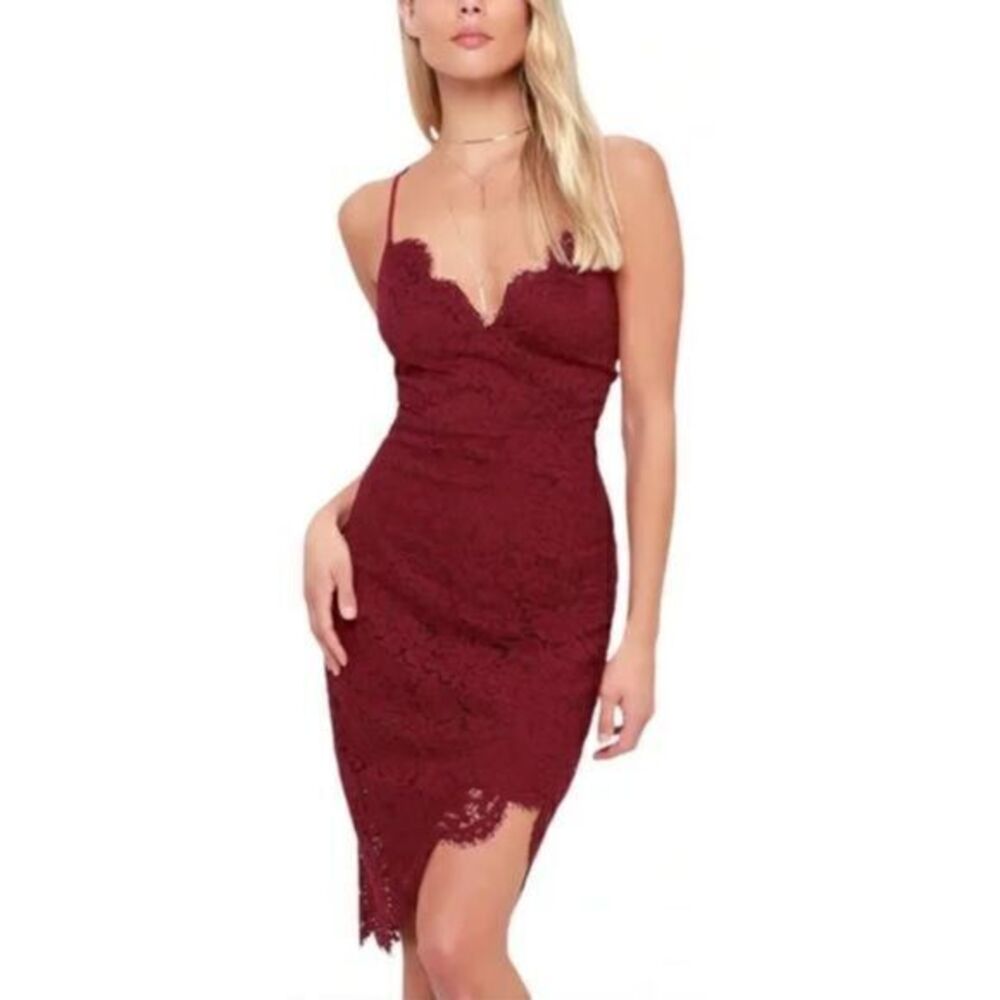 LULU'S NWT Flirting with Desire Burgundy Halter Crisscross-back Lace Dress